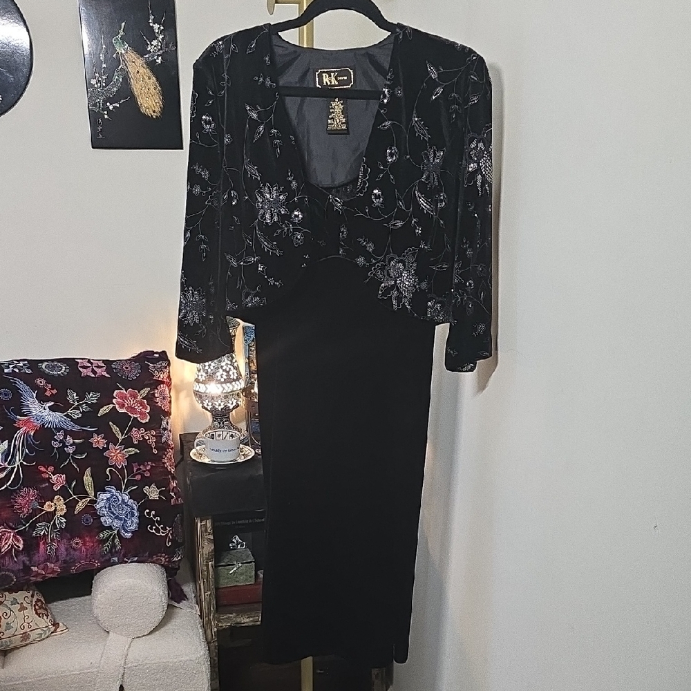 R&K Evening Vintage Silver Embellished Black Velvet Dress & Bolero